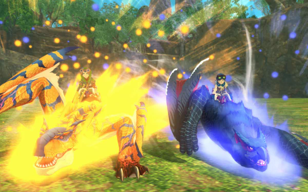 HD desktop wallpaper of Monster Hunter Stories 2: Wings of Ruin, featuring two characters riding vibrant, powerful monsters amidst sparkling battle effects in a verdant landscape.