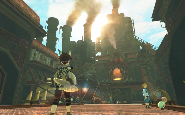 A high-definition desktop wallpaper and background from the video game Monster Hunter Stories 2: Wings of Ruin, depicting a character standing in front of an industrial building with smokestacks.