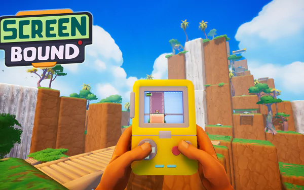 A vibrant HD desktop wallpaper for the video game Screenbound, featuring a handheld gaming device and a whimsical landscape with waterfalls and floating islands in the background.