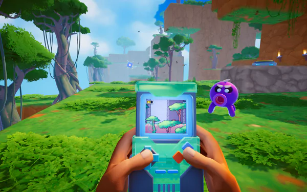 A vibrant HD desktop wallpaper of a video game scene, showing hands holding a retro gaming device with a colorful, fantasy landscape and a purple character in the background.