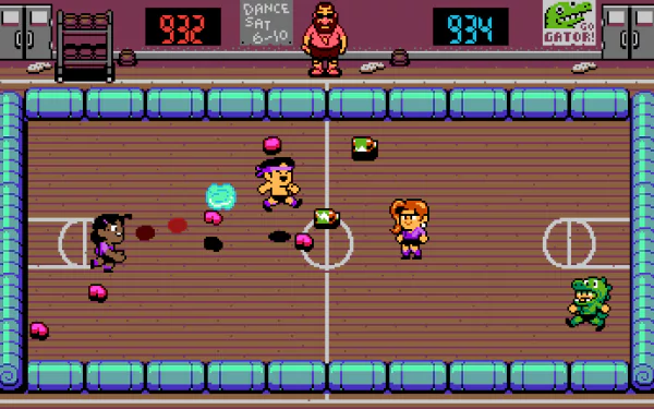 HD wallpaper of UFO 50, a retro-style video game. The image features pixelated characters in a vibrant indoor sports game setting.