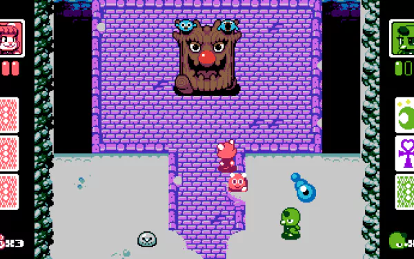 HD desktop wallpaper featuring a retro-style scene from the video game UFO 50, showcasing colorful characters and a boss battle against a face-bearing tree in a pixel art environment.