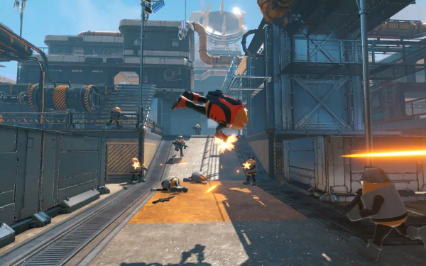 HD desktop wallpaper of the video game Killer Bean featuring an intense action scene in an industrial setting with characters engaged in combat.