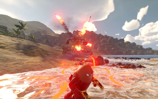 HD wallpaper of Killer Bean, a character from a video game, in an action scene on a beach with distant explosions and vibrant visuals.
