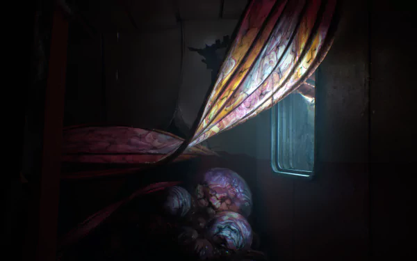 HD desktop wallpaper featuring eerie imagery from the video game Still Wakes the Deep, showing glowing organic shapes and a broken window, creating a dark and mysterious atmosphere.