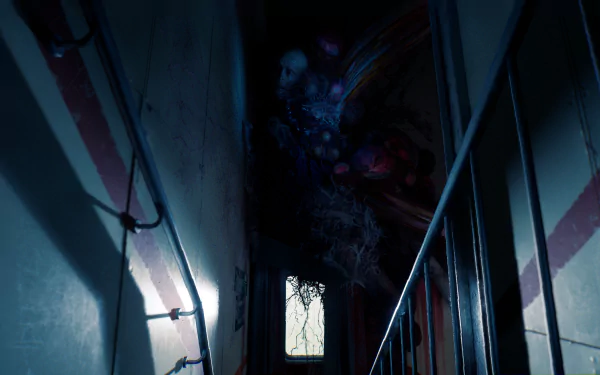 HD desktop wallpaper from the video game Still Wakes the Deep, featuring a dimly lit, eerie hallway with an unsettling creature lurking overhead.
