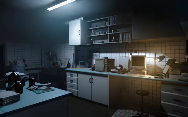 HD desktop wallpaper from the video game Autopsy Simulator, featuring a realistic, dimly-lit autopsy room with various medical equipment and a computer setup.