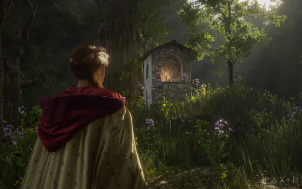 HD desktop wallpaper featuring lush greenery from the video game Pax Dei, showcasing a character in a medieval gown facing a small stone shrine in a serene forest setting.