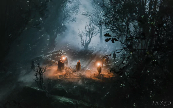 HD desktop wallpaper and background of a dark, misty forest scene from the video game Pax Dei, featuring three cloaked figures holding lanterns.