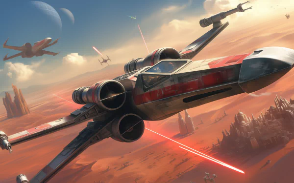 HD wallpaper featuring a dynamic sci-fi scene from Star Wars with a Wing X spacecraft in mid-flight, firing lasers over a rugged desert planet with moons in the background.
