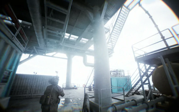 A high-definition desktop wallpaper of a video game featuring a bodycam perspective, showcasing an industrial setting with a soldier walking amidst metal structures and stairways.