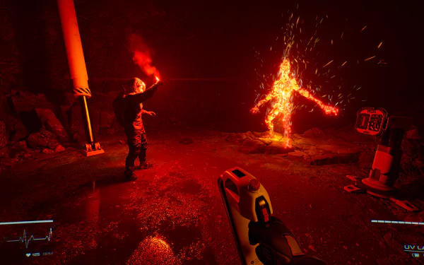 A high-definition desktop wallpaper featuring a scene from the video game Level Zero: Extraction with players confronting a fiery figure in a dark, mysterious environment.