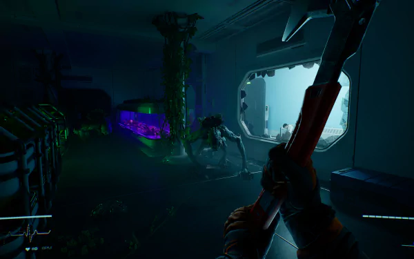 HD desktop wallpaper from the video game Level Zero: Extraction, depicting an intense scene with a character wielding an axe, facing a creature in a dark, futuristic environment.