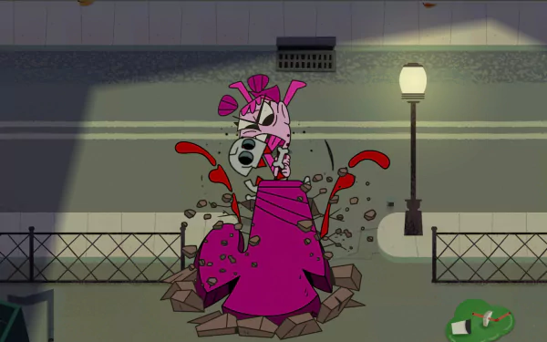 HD desktop wallpaper featuring a scene from the video game BLUD, showcasing a character emerging from the ground in a vibrant and animated urban setting.