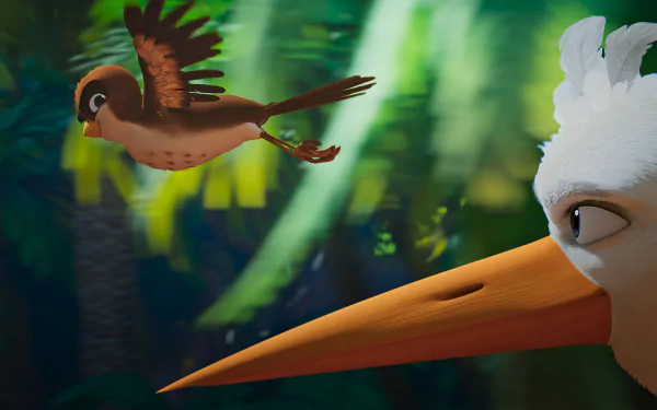 HD desktop wallpaper from A Stork's Journey 2 featuring a close-up of a stork and a smaller bird flying in a vibrant, green forest background.