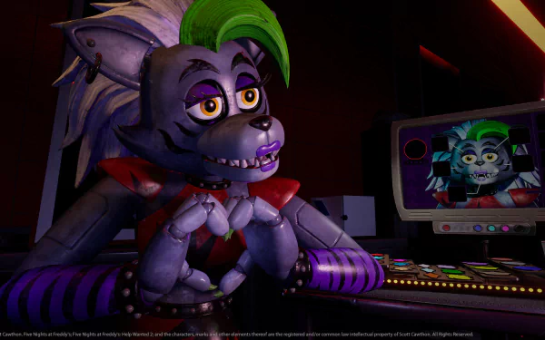 HD desktop wallpaper of a character from Five Nights at Freddy's: Help Wanted 2 in a detailed, atmospheric scene with vibrant colors and a monitor displaying the same character in the background.