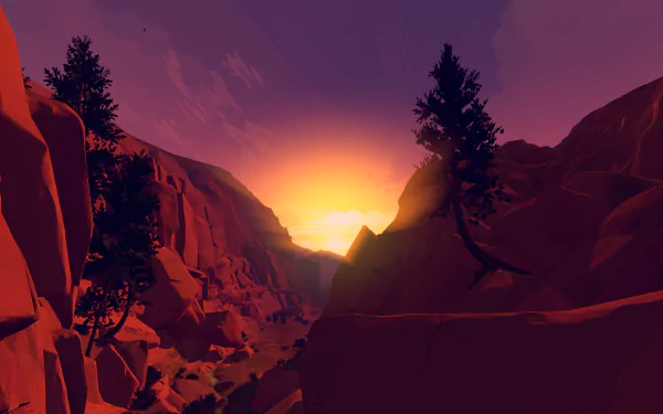 HD PC desktop wallpaper of a Firewatch-inspired sunset, featuring warm orange and purple hues over rocky cliffs and silhouetted trees.