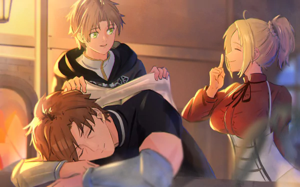 4K Ultra HD anime wallpaper featuring Rudeus, Paul, and Zenith Greyrat from Mushoku Tensei: Jobless Reincarnation in a warm, cozy setting.