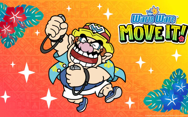 HD PC desktop wallpaper of Wario from WarioWare: Move It! pumping a microphone, grinning on an orange-to-yellow gradient background with stars, tropical leaves and the Move It! logo.