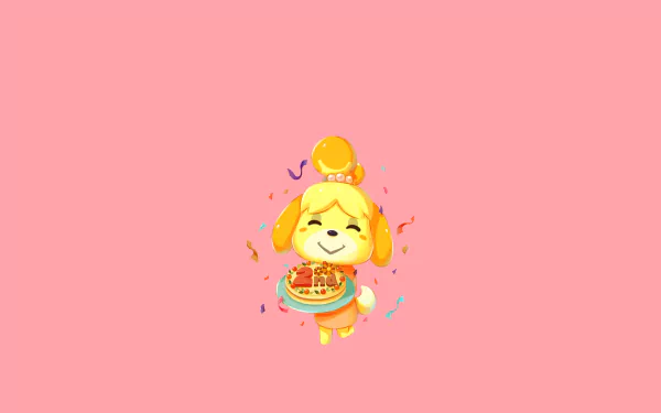 HD PC desktop wallpaper featuring Isabelle from Animal Crossing: Pocket Camp holding a pizza, set against a solid pink background with musical notes.