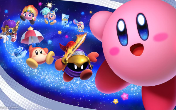 HD PC desktop wallpaper featuring Kirby and friends from Kirby: Star Allies in a vibrant cosmic background.
