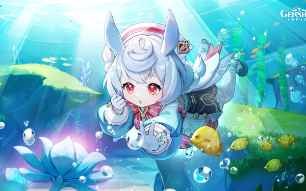 HD PC desktop wallpaper featuring Sigewinne, a girl character from the video game Genshin Impact, depicted underwater with vibrant aquatic scenery.
