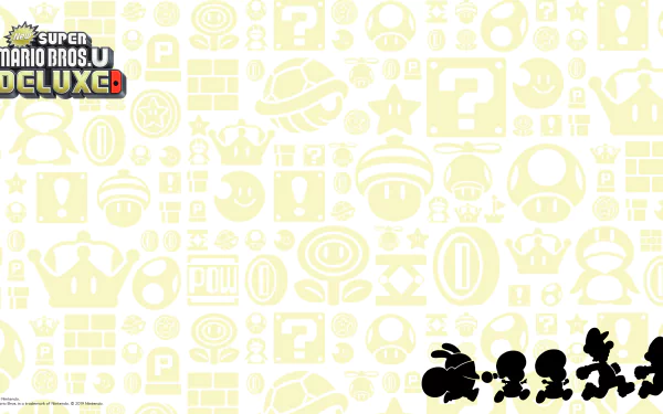 4K Ultra HD PC desktop wallpaper featuring silhouettes of New Super Mario Bros. U Deluxe characters with iconic game icons in the background and the game logo in the top left corner.