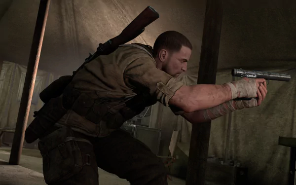 An HD wallpaper of Sniper Elite III, featuring a character in combat gear, stealthily aiming his weapon inside a dimly lit tent.