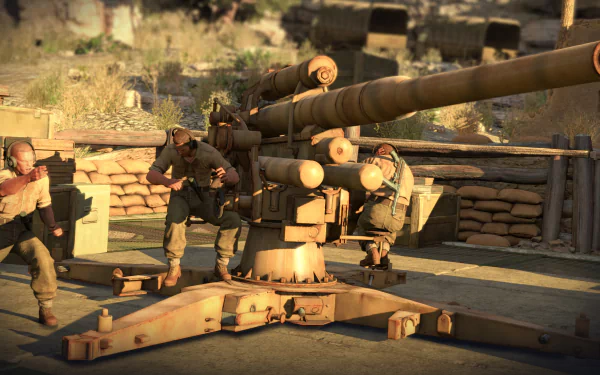 HD desktop wallpaper from the video game Sniper Elite III, featuring soldiers operating a large artillery gun in a desert military setting.