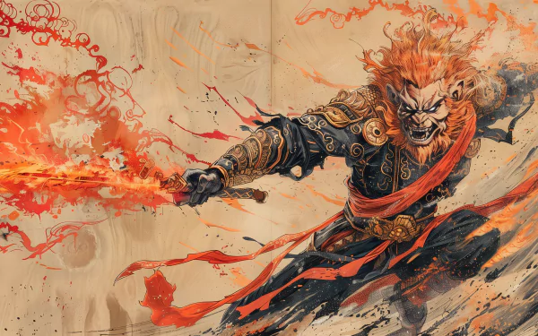 HD desktop wallpaper featuring Sun Wukong, a Japanese fantasy warrior, wielding a flaming staff in an intense and dynamic battle scene with vivid colors and fiery details.