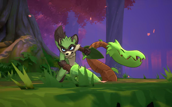 A vibrant HD desktop wallpaper featuring a character from the video game Rivals 2, set against a lush, colorful forest background.