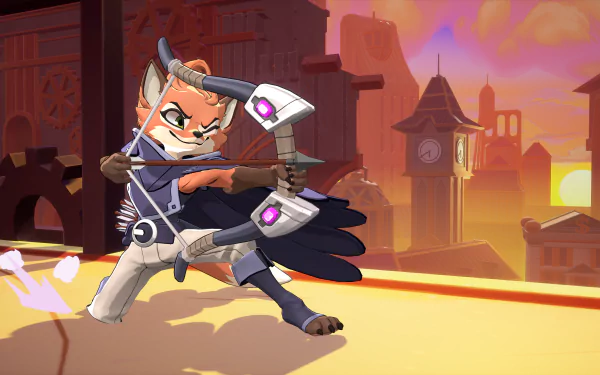 HD desktop wallpaper featuring a character from the video game Rivals 2, showing a fox-like archer ready to shoot an arrow with a steampunk cityscape in the background.