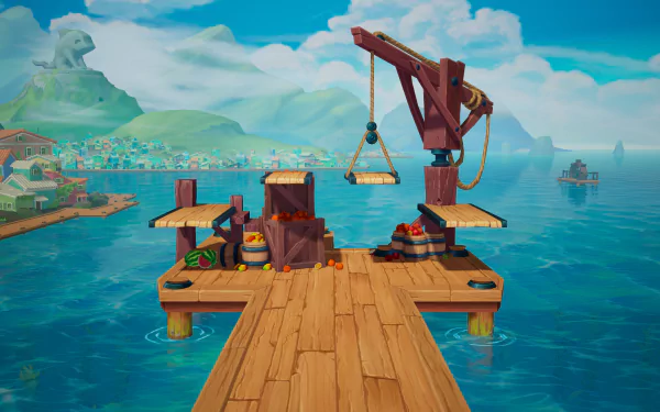 HD desktop wallpaper and background for the video game Rivals 2, featuring a vibrant seaside dock with crates, barrels, and a crane against a scenic mountain and ocean backdrop.