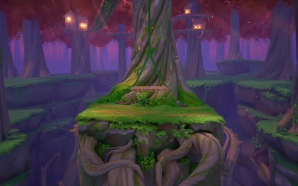 HD wallpaper of a lush forest scene from the video game Rivals 2, featuring a large tree surrounded by thick foliage and illuminated treehouses.