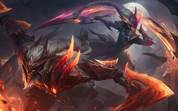 HD desktop wallpaper featuring characters Olaf and Diana from League of Legends in a dramatic battle scene, set against a dark, moonlit background.