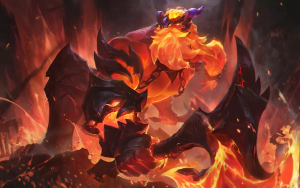 HD desktop wallpaper featuring Olaf from League of Legends in a fiery, intense background. Tags include video game, League of Legends, and Olaf (League of Legends).