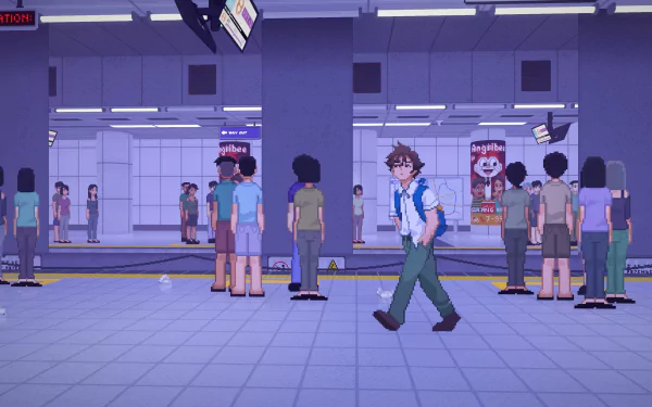 Pixel art scene from the game Until Then depicting a busy train station, set as a HD desktop wallpaper and background.