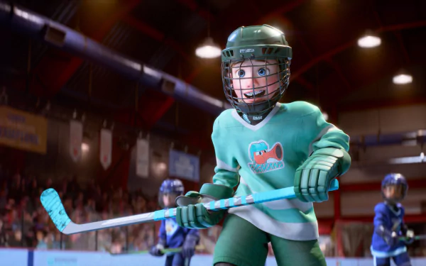 A vibrant HD desktop wallpaper from Inside Out 2, featuring a character in a green hockey uniform playing on an ice rink, with an audience watching in the background.