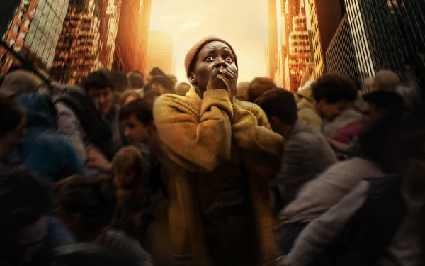 HD desktop wallpaper from the movie A Quiet Place: Day One, featuring Lupita Nyong'o surrounded by a crowd in a city setting, capturing a tense moment.
