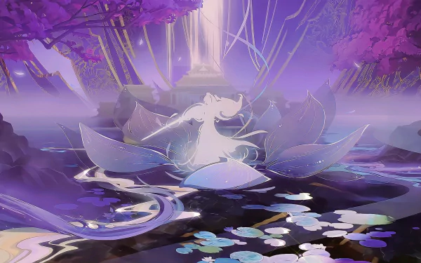 HD desktop wallpaper featuring Xie Lian from Heaven Official's Blessing (Tian Guan Ci Fu) in a mystical purple-hued scene with glowing lilies and ethereal light.