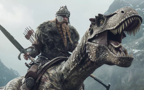 A medieval Viking warrior riding a dinosaur with a mountainous backdrop. HD desktop wallpaper and background.