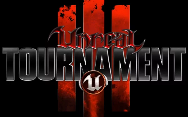 HD PC desktop wallpaper featuring the bold logo of the video game Unreal Tournament against a black and fiery red background.