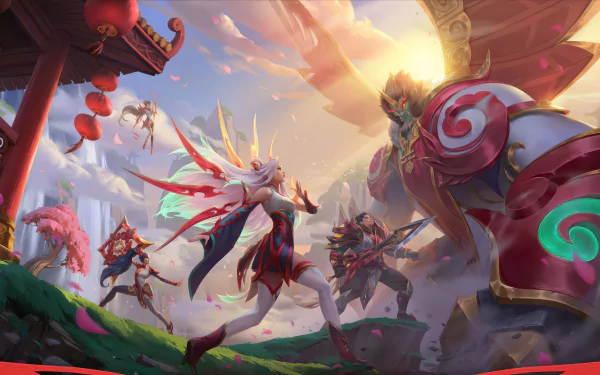 HD desktop wallpaper featuring League of Legends characters Galio, Irelia, Garen, and Sivir in a vibrant battle scene with radiant lighting and scenic backgrounds.