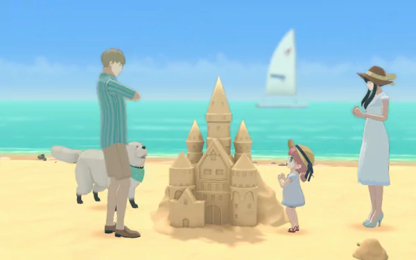 HD desktop wallpaper featuring characters from SPY×ANYA: Operation Memories on a beach, building a large sandcastle with a sailboat in the background.