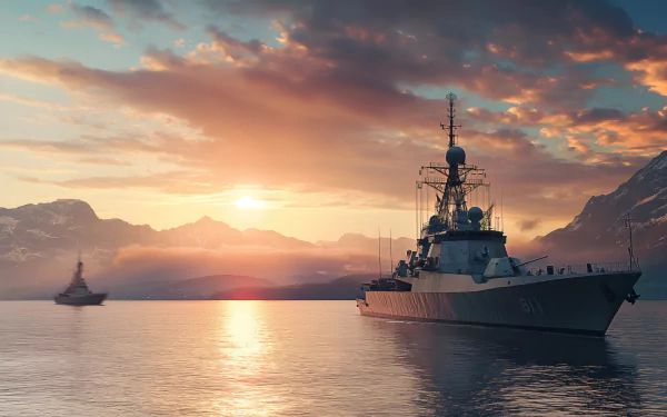 warship sea morning sun mountain HD Desktop Wallpaper | Background Image