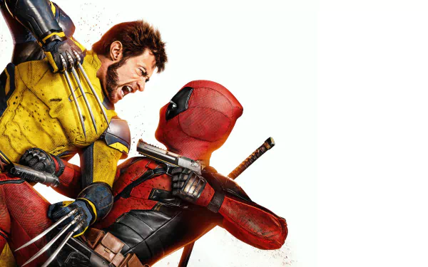 A dynamic 4K Ultra HD wallpaper featuring Deadpool and Wolverine in an action-packed pose, showcasing their iconic costumes and fierce expressions.