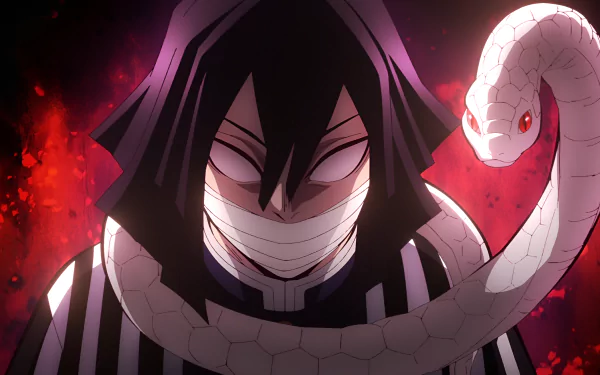 Obanai Iguro from Demon Slayer: Kimetsu no Yaiba is depicted in a dramatic 4K Ultra HD anime wallpaper with a white snake coiling around him against a fiery background.