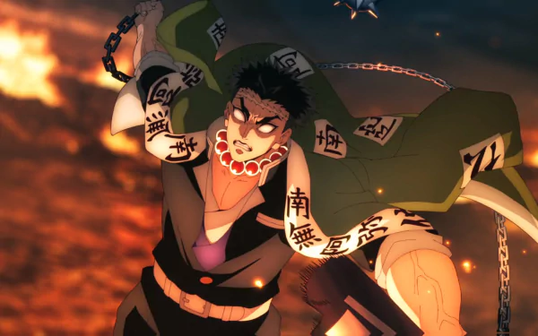 HD anime desktop wallpaper featuring Gyomei Himejima from Demon Slayer: Kimetsu no Yaiba, depicted in a dynamic battle pose with chains and talismans.