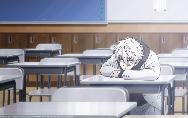 HD desktop wallpaper image featuring Seishiro Nagi from Blue Lock, depicted sitting in a classroom with a contemplative expression. Bright and detailed anime background captures the serene setting.