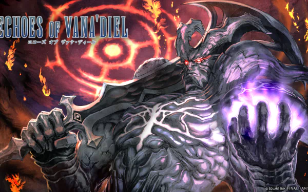 HD desktop wallpaper featuring a menacing, armored character from Final Fantasy XIV: Dawntrail, holding a glowing weapon with a fiery background and mystical symbols.